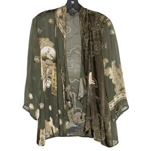 Citron Cardigan Sheer Silk Asian Kimono Boho Art Deco Statement Open Green PL